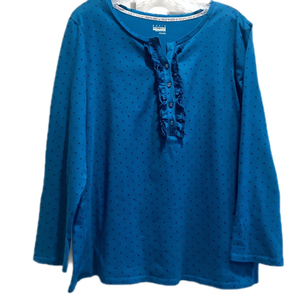 VTG Woman XXL Blue With Black Polka Dots Ruffled Neck And Cuffed Button Sleeves